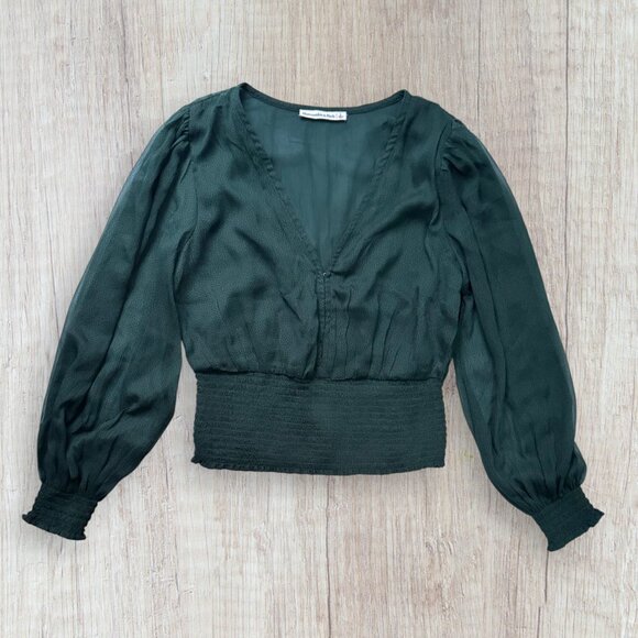 Abercrombie & Fitch Forest Green Smocked Waist Long Sleeve Deep V Blouse Size L - Picture 1 of 6